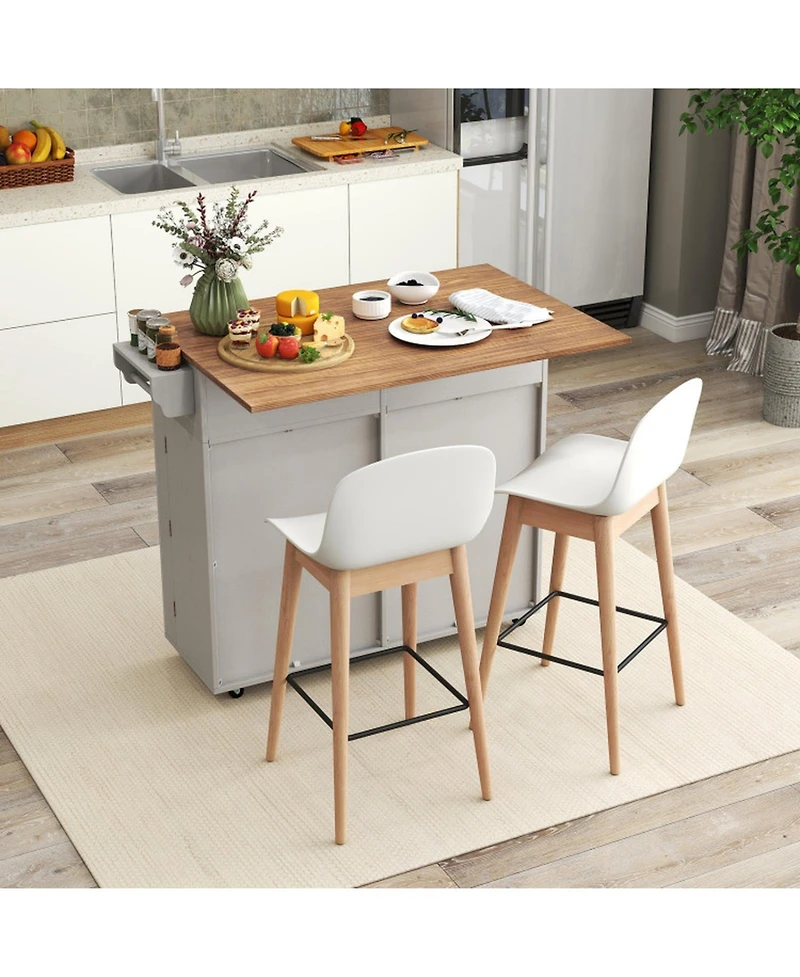 Sugift Rolling Kitchen Island with Trash Can Cabinet Drop-Leaf and Rubber Universal Wheels