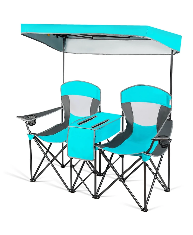 Gymax Folding 2-person Camping Chairs Double Sunshade Chairs with Canopy Patented