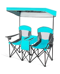 Gymax Folding 2-person Camping Chairs Double Sunshade Chairs with Canopy Patented