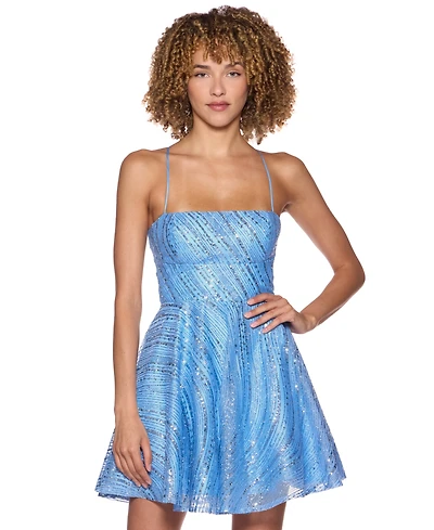 B Darlin Juniors' Straight Neck Sequin Empire Waist Glitter Dress