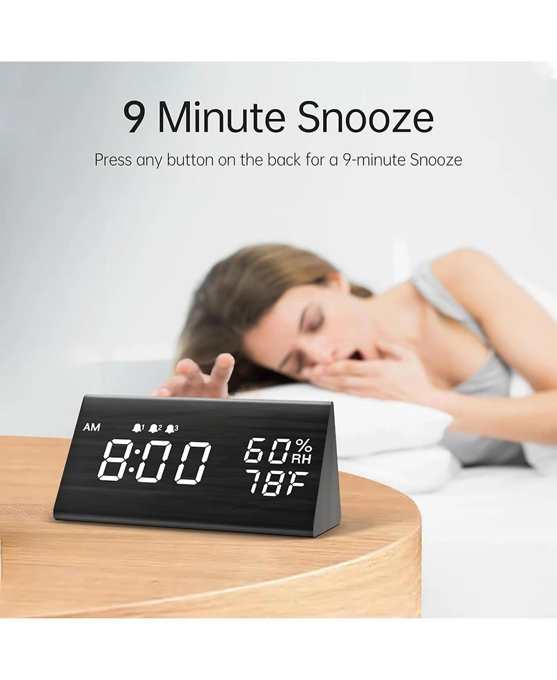 Jall Wooden Digital Alarm Clock 3 Alarms with Weekday Mode Humidity and Temperature Sensor Adjustable Brightness Usb to Barrel Cord No Batteries