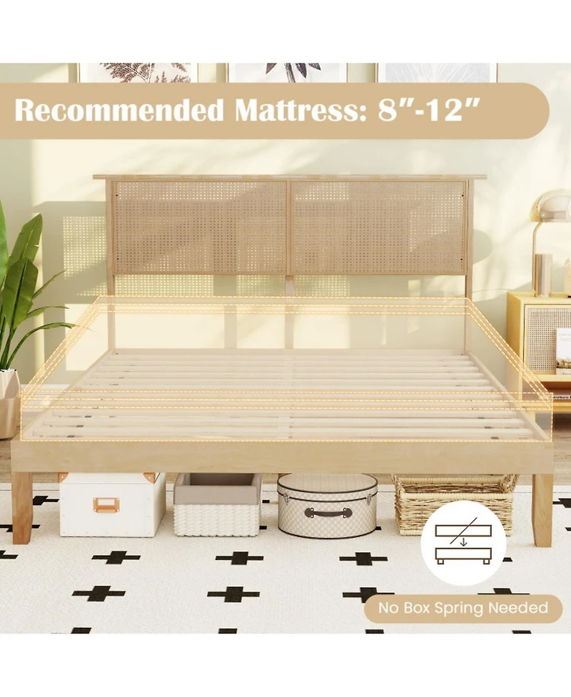 Sugift Queen Size Bed Frame with Rattan Headboard Solid Wood Platform Bed