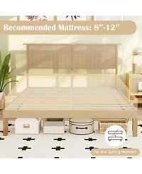 Sugift Queen Size Bed Frame with Rattan Headboard Solid Wood Platform Bed