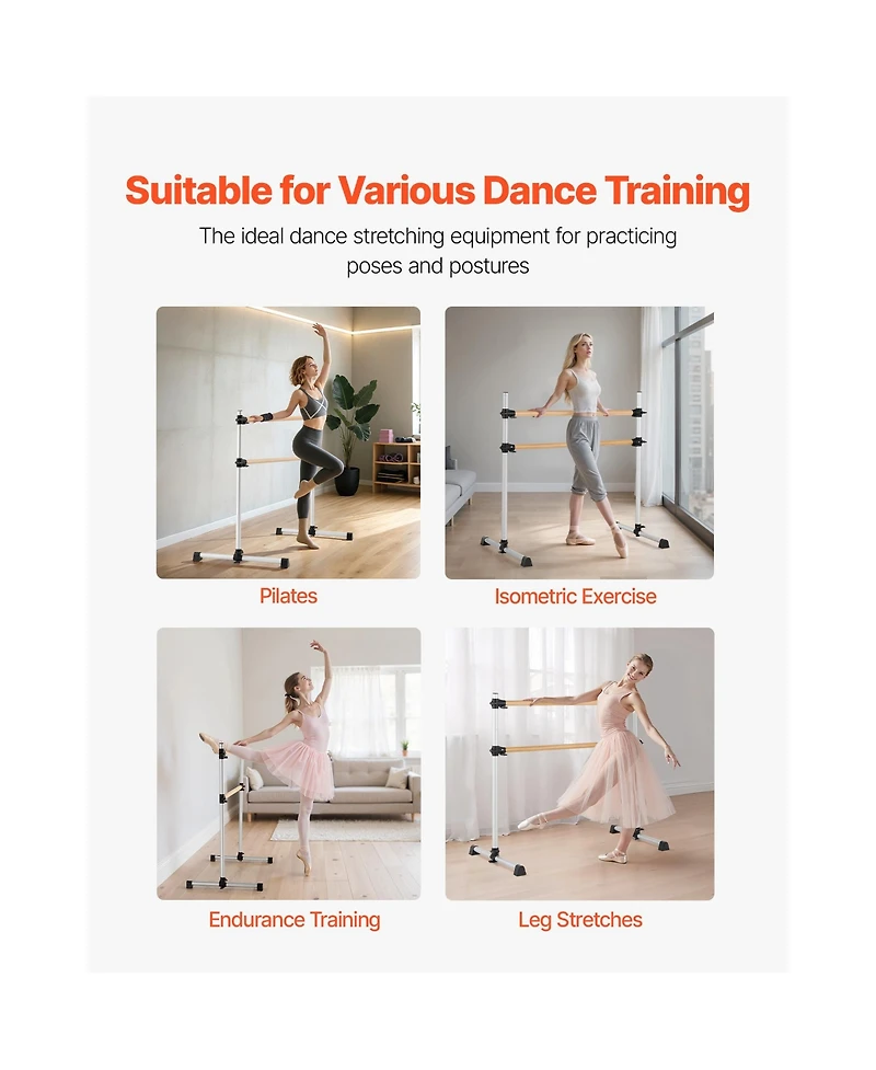 Sugift 4 Ft Double Beechwood Ballet Barre Freestanding Height Adjustable Portable for Home Pilates