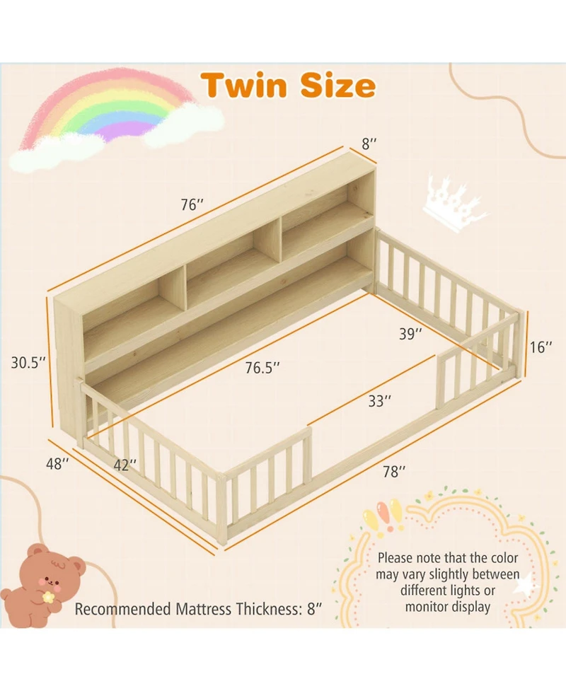 Sugift Twin Size Montessori Floor Bed with Attached Bookcase and Fence Rails