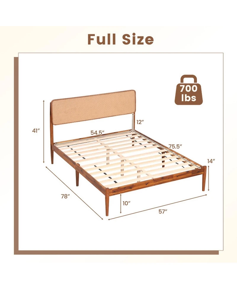 Sugift Full Size Acacia Wood Platform Bed with Woven Rattan Headboard and Slats