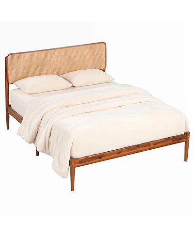 Sugift Full Size Acacia Wood Platform Bed with Woven Rattan Headboard and Slats