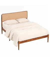 Sugift Full Size Acacia Wood Platform Bed with Woven Rattan Headboard and Slats