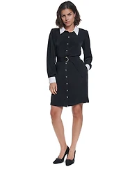 Karl Lagerfeld Paris Women's Belted Contrast-Collar Shirtdress