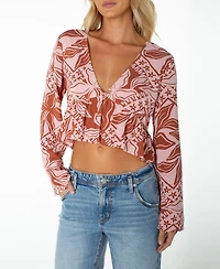 Roxy Women's Night Sky Long Bell-Sleeve V-Neck Floral-Print Crop Top