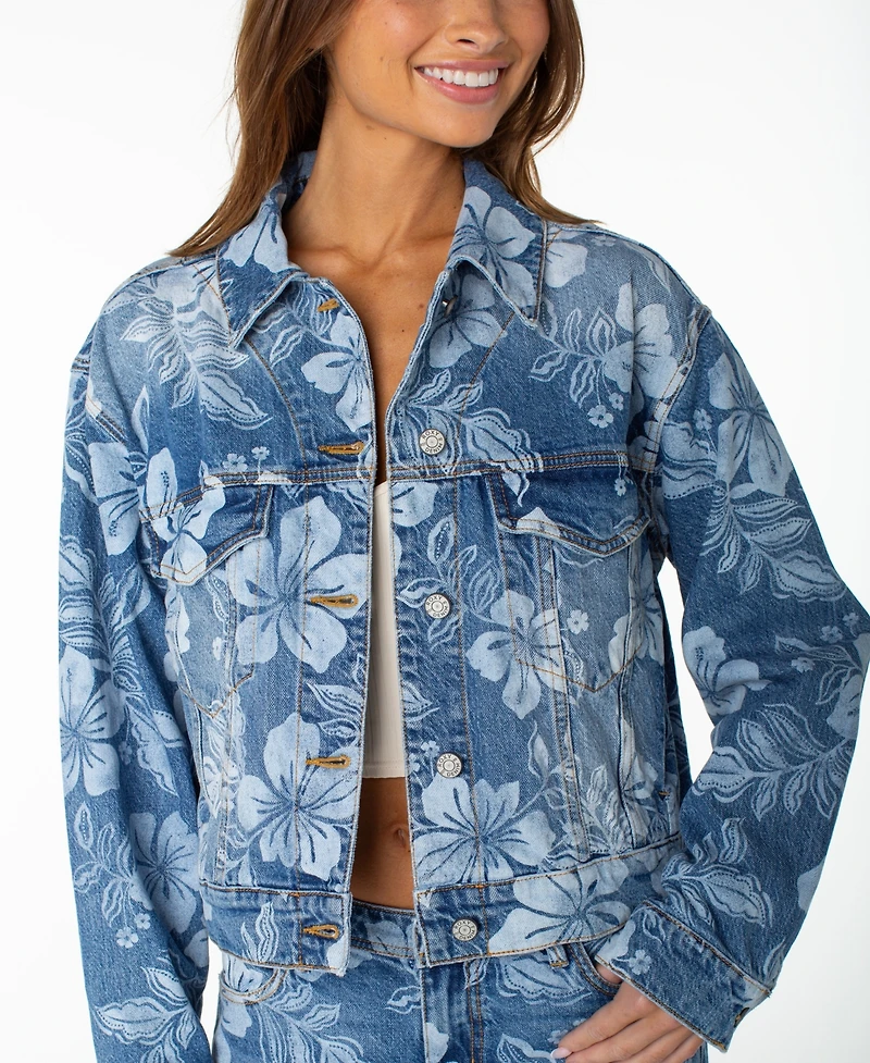 Roxy Women's Big Tide Floral-Print Cropped Denim Jacket