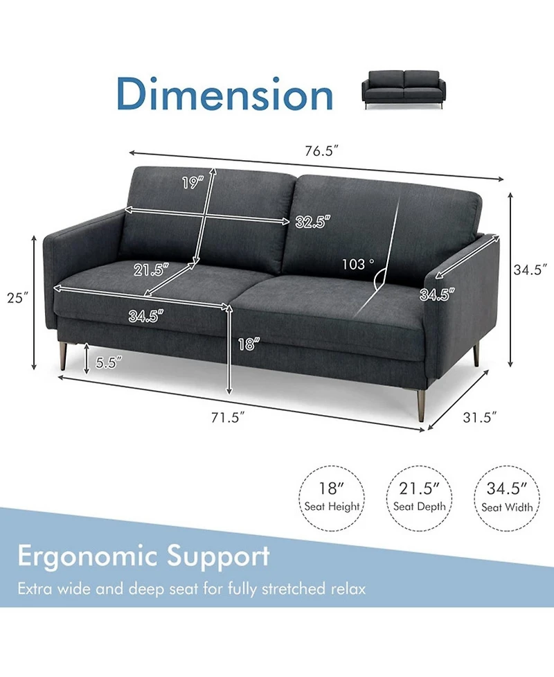 Sugift Modern Fabric Loveseat with Removable Zippered Backrest Cushions and Metal Legs