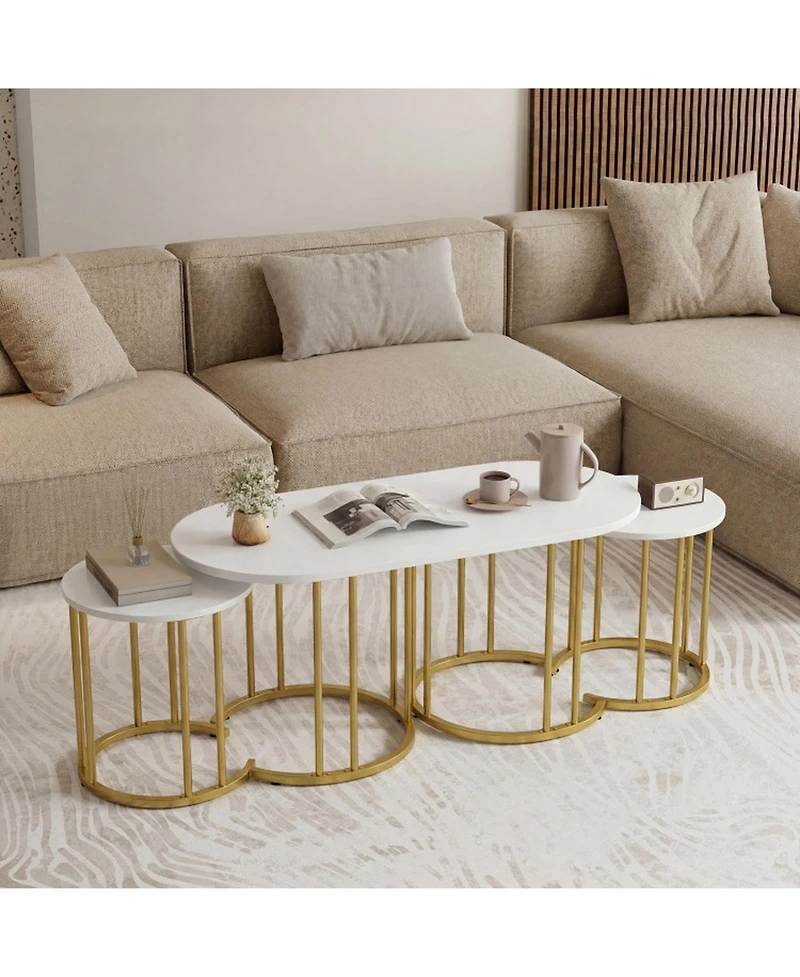 Sugift Nesting Coffee Table Set of 3 with Faux Marble Tops and Powder-Coated Metal Frame