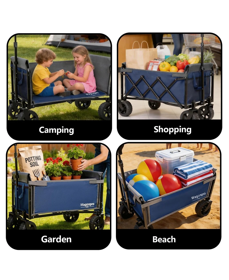 ECHTPeak Folding Wagon Cart, with 5x2 Inch Wide Wheels, 220LBS Capacity, with Full-Side, for Camping, Beach, Shopping
