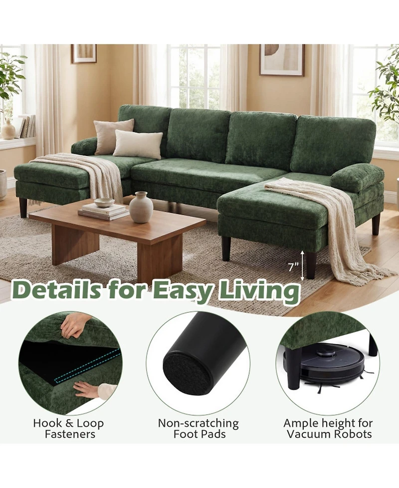 Sugift U-Shaped Sectional Sofa Couch with Double Chaise and 4 Lumbar Pillows for Living Room