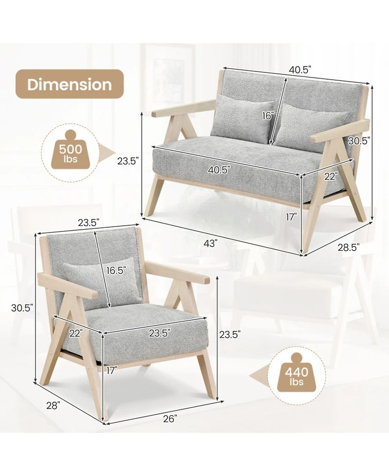 Sugift 2-Piece Living Room Sofa Set with Rubber Wood Frame and Pocket Spring Cushions