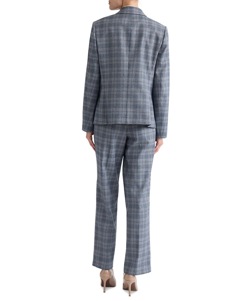 Jones New York Plus Faux Double-Breasted Plaid Patch-Pocket Blazer