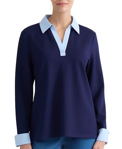 Jones New York Plus Size Twofer Top Serenity Knit Collared V-Neck Long-Sleeve Top