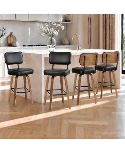 homfan Set of 4 26" Black Faux Leather Swivel Counter Stools with Back and Bentwood Legs