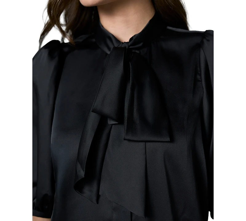 Liverpool Los Angeles Petite Elbow-Length Puff-Sleeve Tie-Neck Satin Blouse