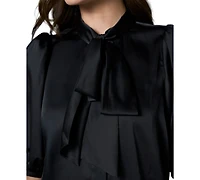 Liverpool Los Angeles Petite Elbow-Length Puff-Sleeve Tie-Neck Satin Blouse