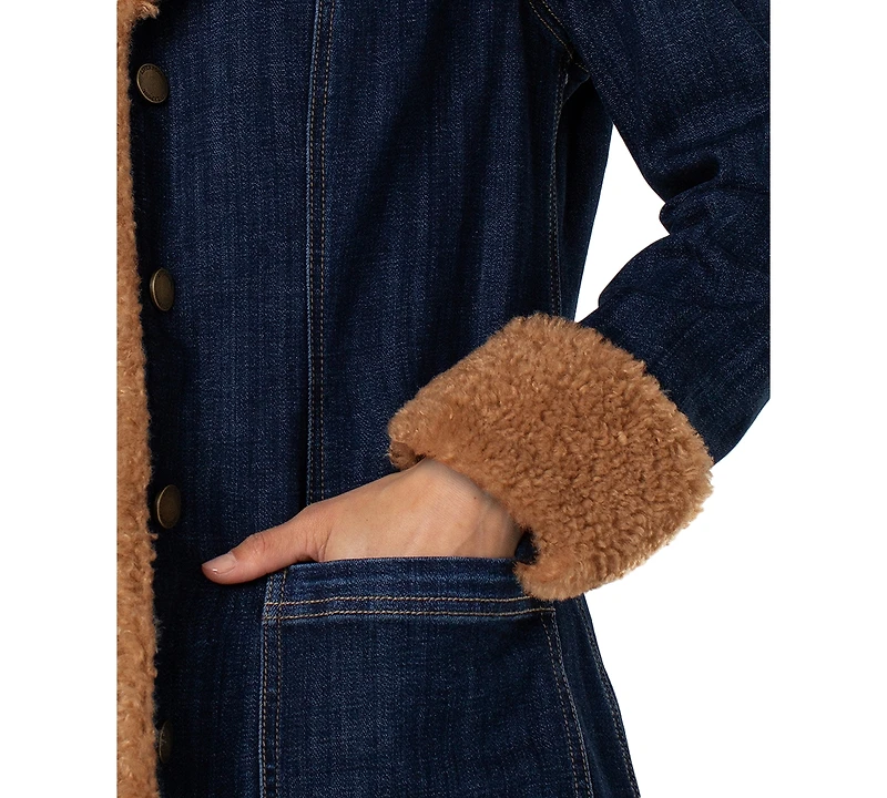 Liverpool Los Angeles Petite Sherpa Notch-Collar Denim Jacket