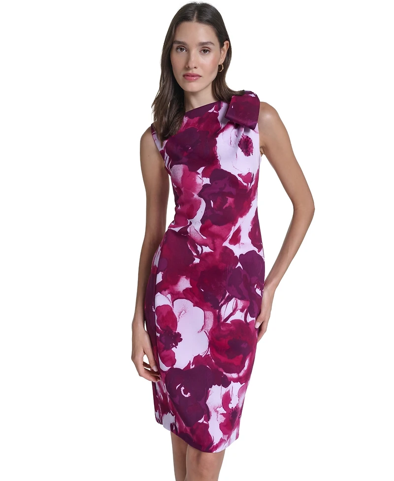 Calvin Klein Women's Floral Boat Neck Shoulder-Bow Dress
