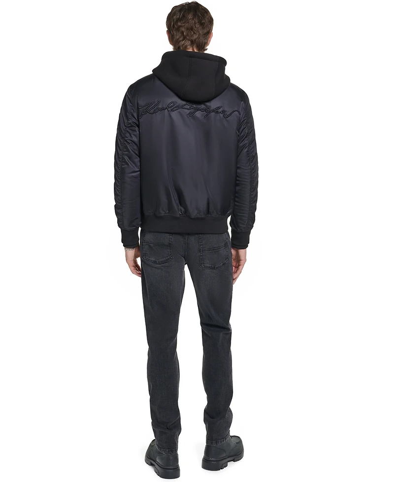 Karl Lagerfeld Paris Men's Embroidered Signature Hooded Bomber