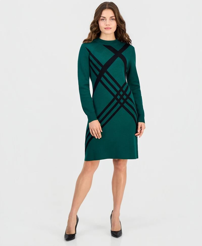 Robbie Bee Petite Geometric Mock Neck Long-Sleeve Sweater Dress