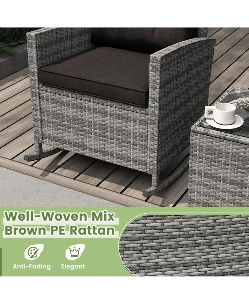 Sugift 3-Piece Patio Rattan Rocking Chair Set with Tempered Glass Side Table