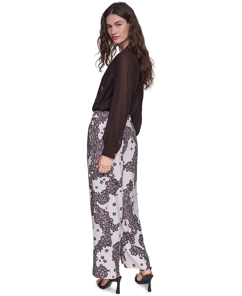 Karl Lagerfeld Paris Petite Lace Floral-Print Wide-Leg Pants, 28" Inseam