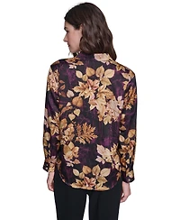 Karl Lagerfeld Paris Petite Gold Floral Printed Long-Sleeve Satin Blouse