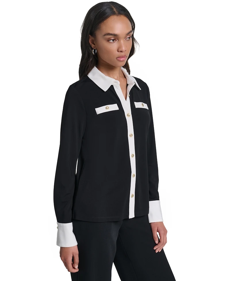 Karl Lagerfeld Paris Petite Long-Sleeve Colorblock-Knit Blouse