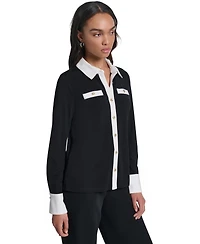 Karl Lagerfeld Paris Petite Long-Sleeve Colorblock-Knit Blouse