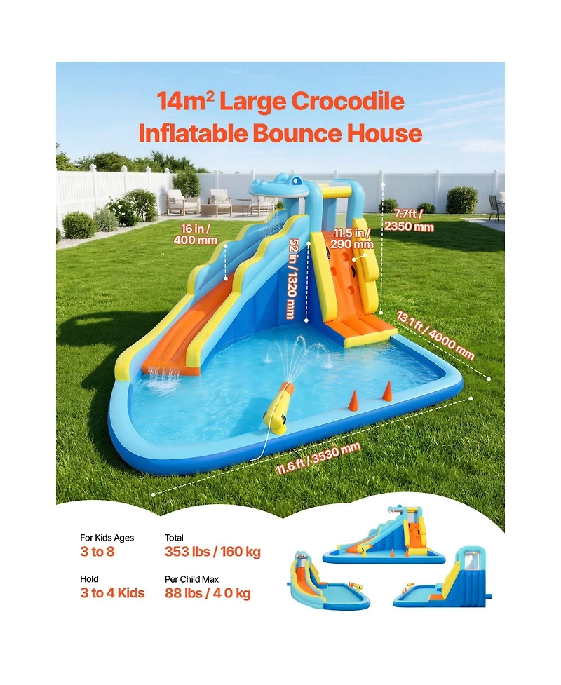 Hikeen 11.6 x 13.1 ft Crocodile Inflatable Water Slide with Climbing Wall and Splash Pool