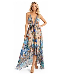 La Moda Clothing Women's Patchwork Floral and Geo Halter Plunge Maxi Dress