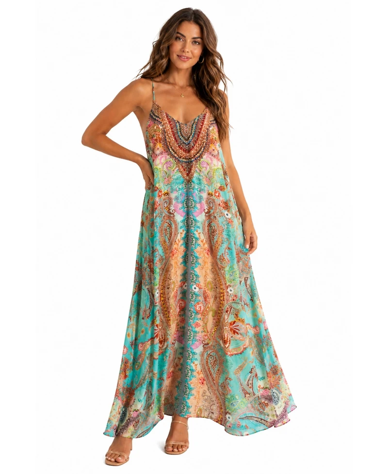 La Moda Clothing Women's Medallion and Paisley Long-Sleeve Wrap Maxi Dress