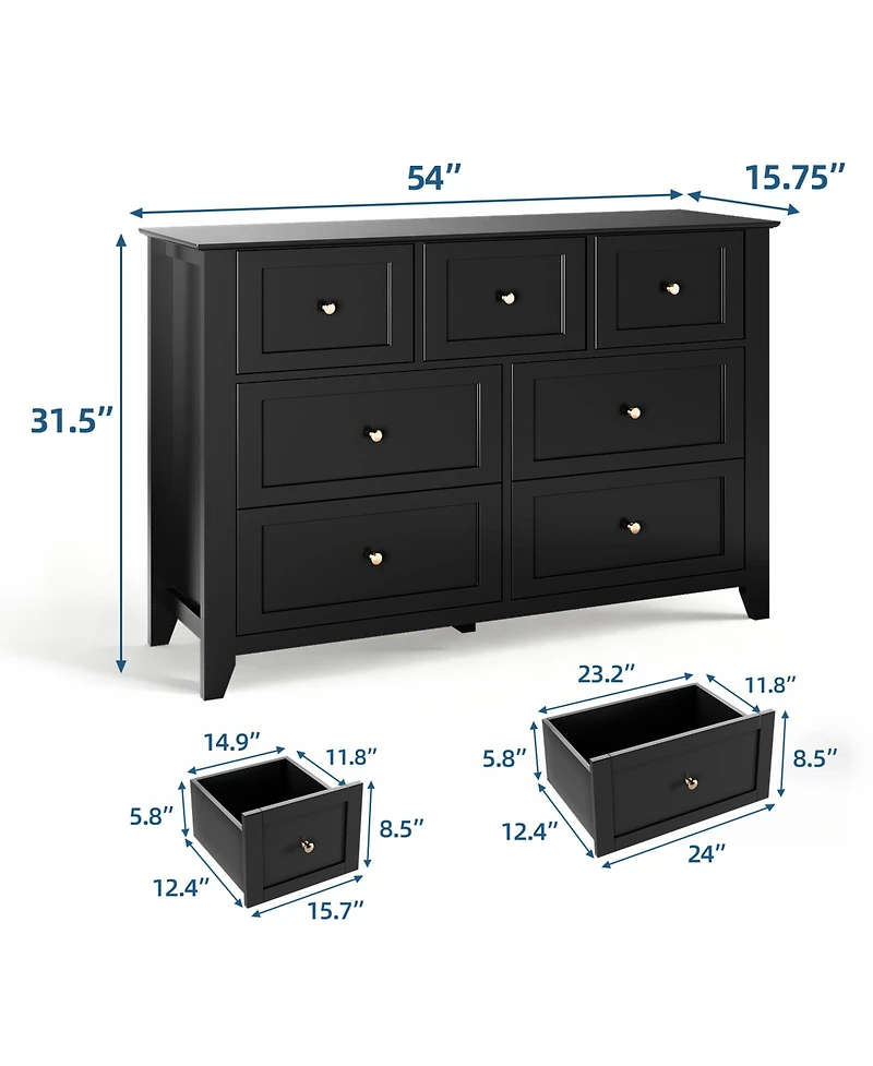 54" Wide 7-Drawer Lacquered Storage Chest, Modern Dresser Organizer with Multiple Drawers, Cabinet for Bedroom and Entryway