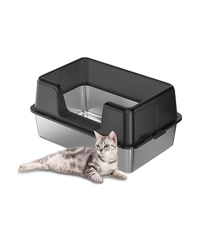 homfan Stainless Steel Litter Box, Extra Large, High Sides, Removable Tray, Non-Slip Mat, Scooper Included, Ideal for Large Cats and Maine Coons