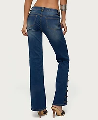 Edikted Women's Button Loop Low Rise Bootcut Jeans