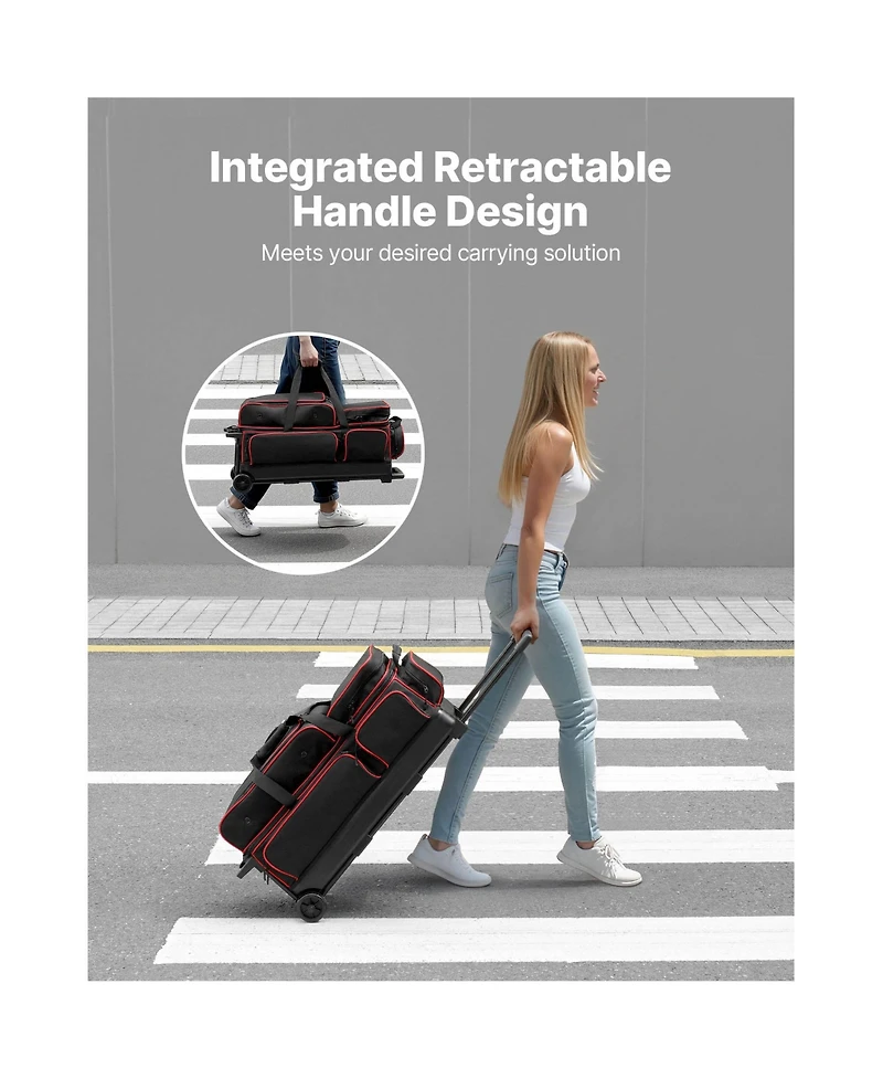 Sugift 3 Ball Double Roller Bowling Bag with Wheels Shoe Compartment for Up to Us Size 16 Handle 41.34 in