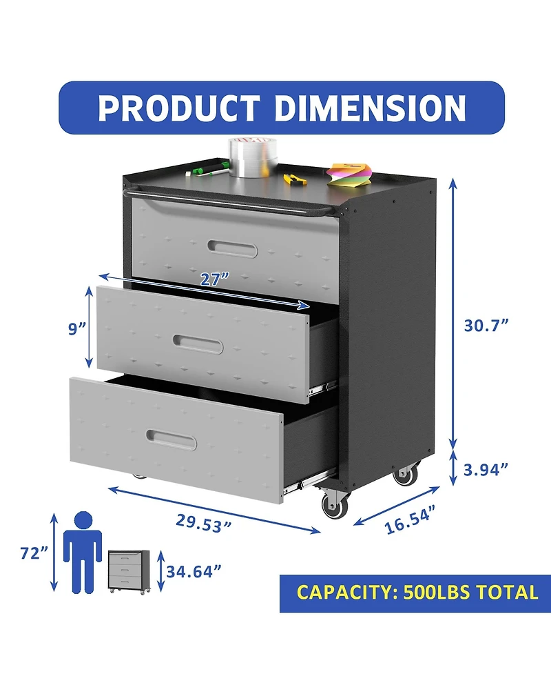 Boyel Living Rolling Tool Cabinet 3 Drawer Steel Lockable Casters Garage Organizer