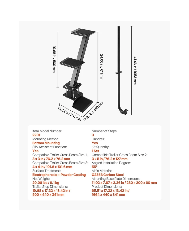 Sugift 3-Step Heavy-Duty Boat Trailer Steps With Handle Non-Slip For 3in x 3in 3in x 5in 4in x 4in Frame