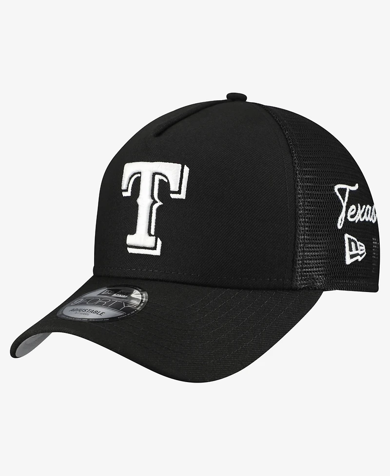 New Era Men's Black Texas Rangers Side Script 9FORTY A-Frame Trucker Adjustable Hat