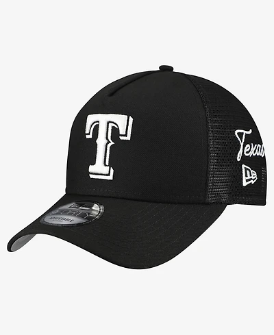 New Era Men's Black Texas Rangers Side Script 9FORTY A-Frame Trucker Adjustable Hat