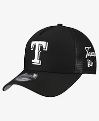New Era Men's Black Texas Rangers Side Script 9FORTY A-Frame Trucker Adjustable Hat
