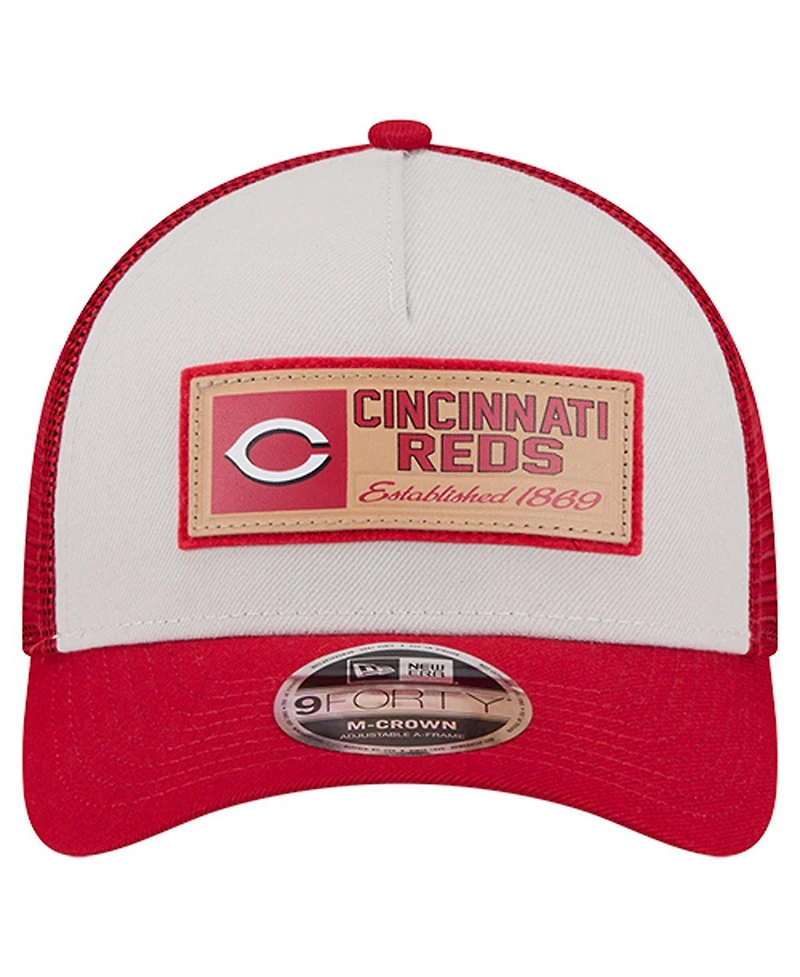 New Era Men's Stone/Red Cincinnati Reds Text A-Frame Trucker 9FORTY Hat