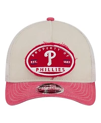 New Era Men's Light Beige/Red Philadelphia Phillies Frayed M-Crown A-Frame 9FORTY Trucker Adjustable Hat
