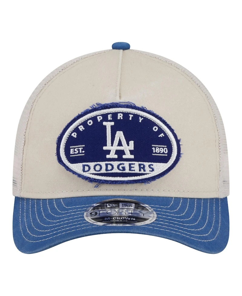 New Era Men's Light Beige/Royal Los Angeles Dodgers Frayed M-Crown A-Frame 9FORTY Trucker Adjustable Hat