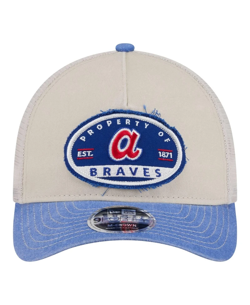 New Era Men's Light Beige/Royal Atlanta Braves Frayed M-Crown A-Frame 9FORTY Trucker Adjustable Hat